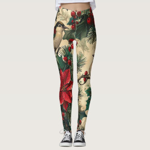 Leggings Rustic Bird et Poinsettia Motif de Noël (13)