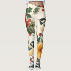 Leggings Rustic Bird et Poinsettia Motif de Noël (9)