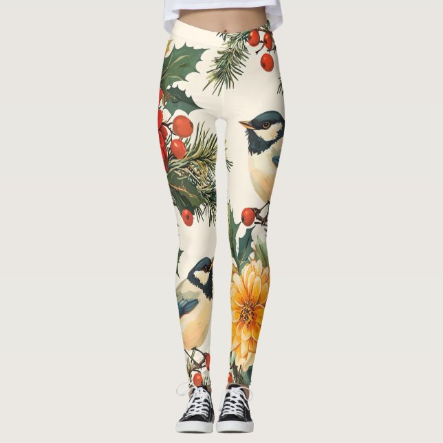 Leggings Rustic Bird et Poinsettia Motif de Noël (9) (Devant)