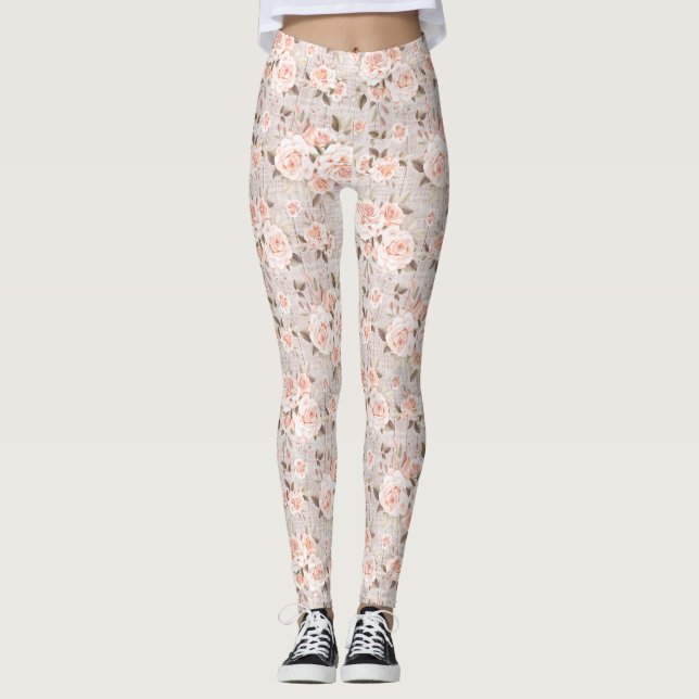 Leggings Rustic Wood & Vintage Roses Romantic Shabby Chic (Devant)