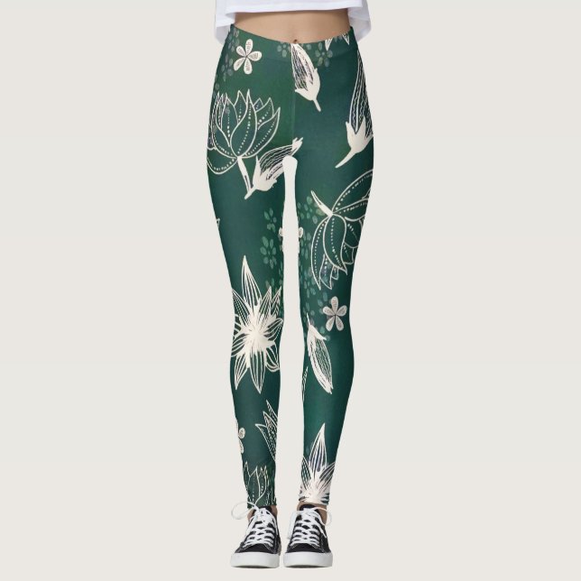 Leggings Rustique Vert Blanc Botanique Fleurs sauvages Blos (Devant)