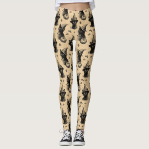 Leggings Rustique Vintage Chat Noir Sorcière Halloween Moti