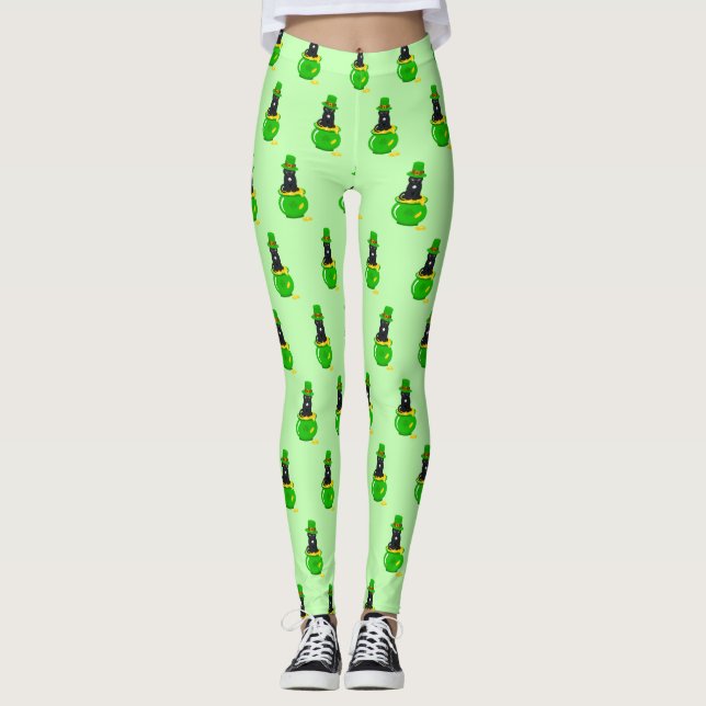 Leggings Saint Patrick's Day Shamrock Pot of Gold Black Cat (Devant)