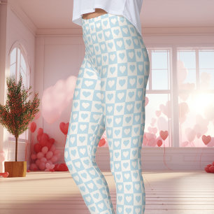 Leggings Saint-Valentin Cœur Damier Bleu Clair