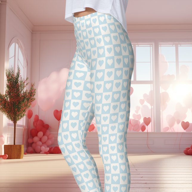 Leggings Saint-Valentin Cœur Damier Bleu Clair (Créateur téléchargé)