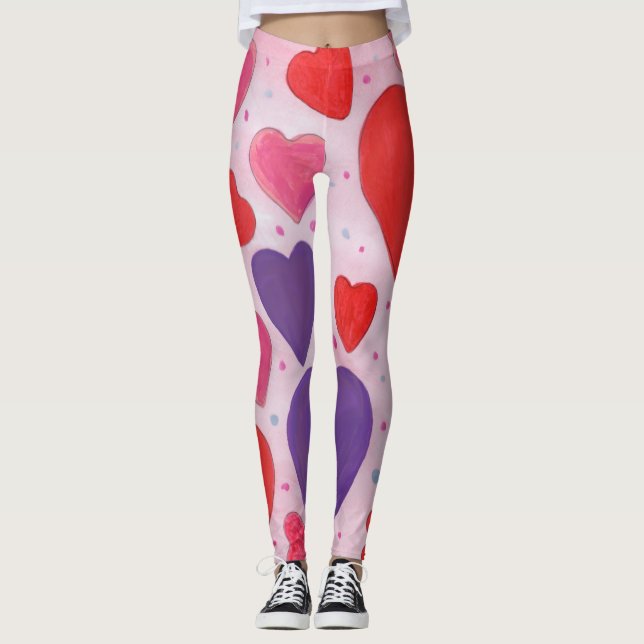 Leggings Saint-Valentin Coeurs en rose, violet et rouge (Devant)