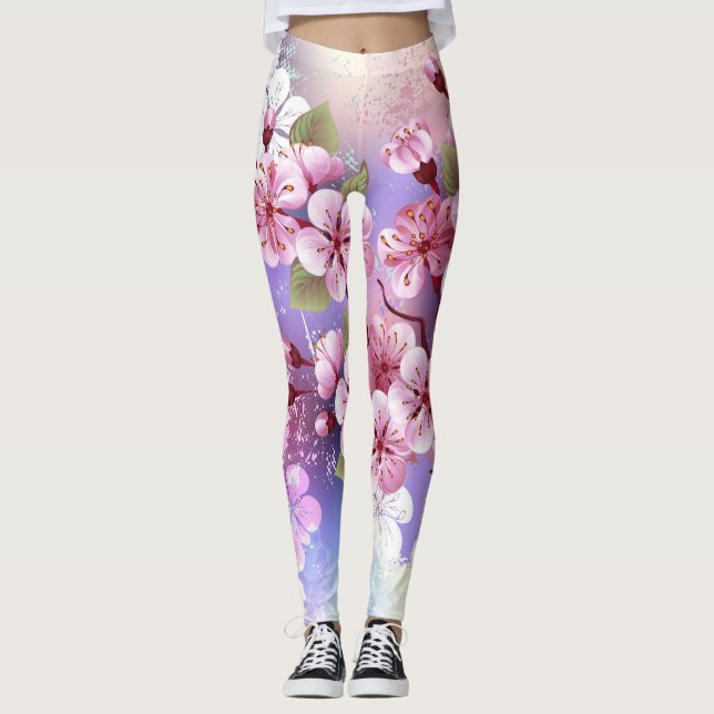 Leggings Sakura rose sur la peinture Arrière - plan (Devant)