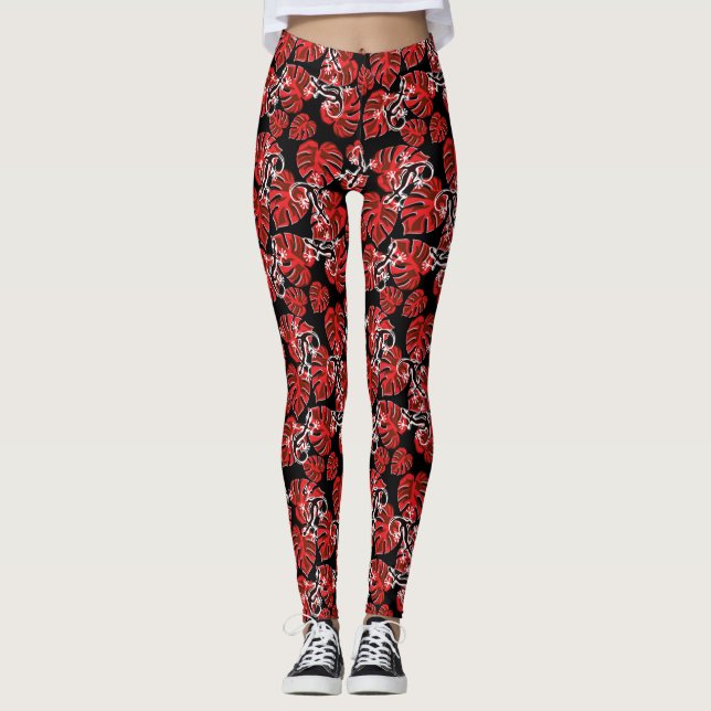 Leggings Salamandre Répétante Et Motif Feuille Rouge (Devant)