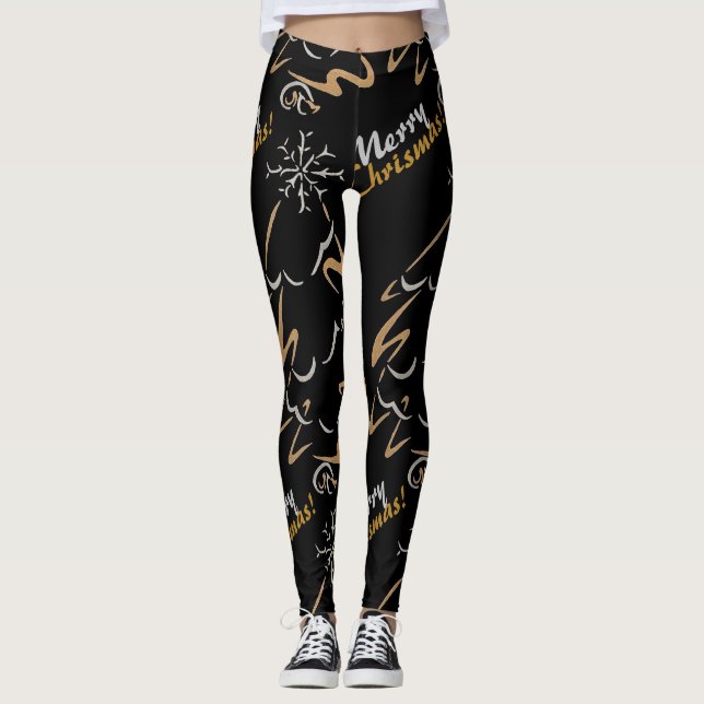 Leggings Sapin de Noël or et argent (noir) (Devant)