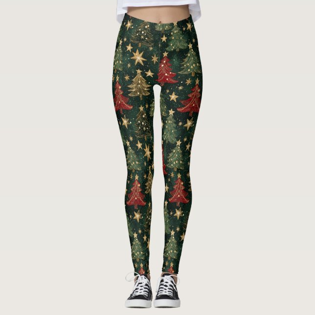 Leggings Sapins de Noël et Étoiles Pailletés (1) (Devant)
