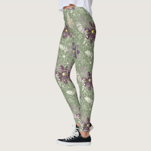 Leggings sauge prune violet plumes lilas fleurs motif