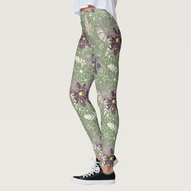 Leggings sauge prune violet plumes lilas fleurs motif (Gauche)
