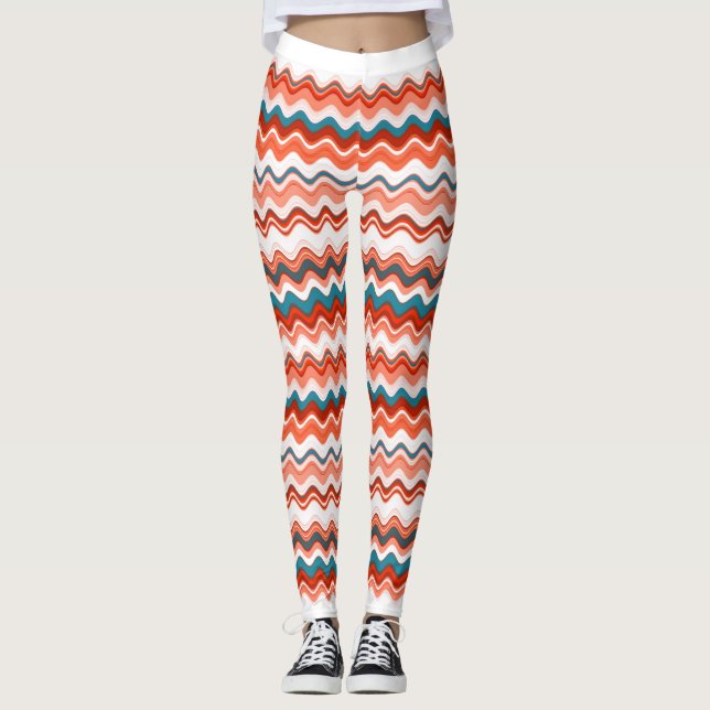 Leggings Saumon de corail Orange Blue Wavy Zigzag Motif (Devant)