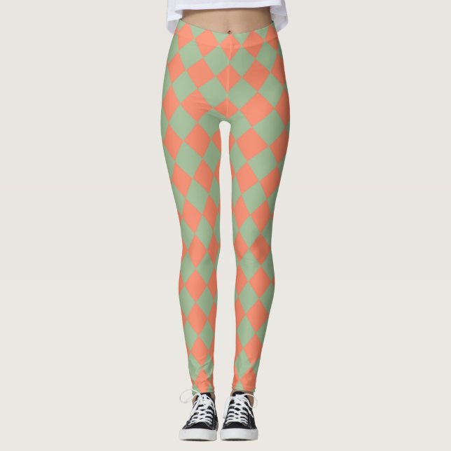 Leggings Saumon vert olive rose Checker Motif diamant (Devant)