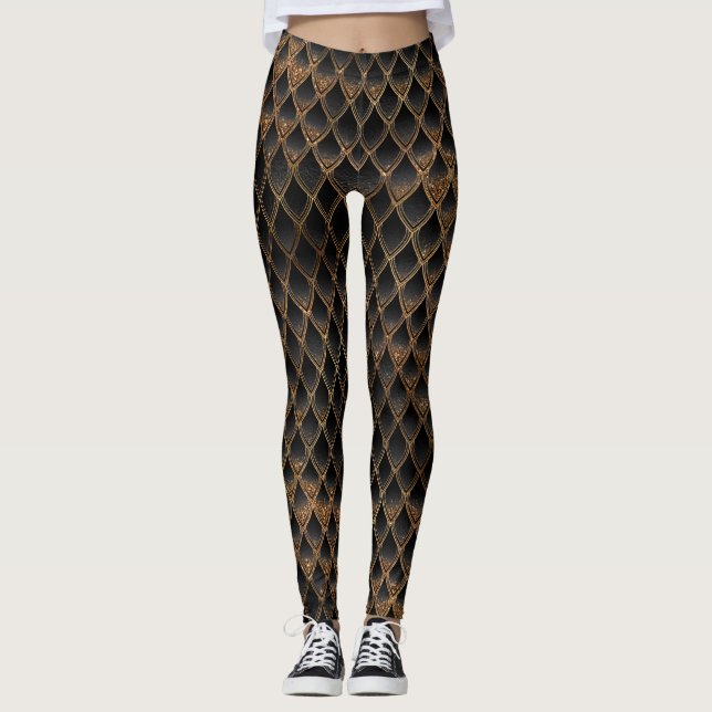 Leggings Scales Dragon Parties scintillant Noir & Or Chimme (Devant)