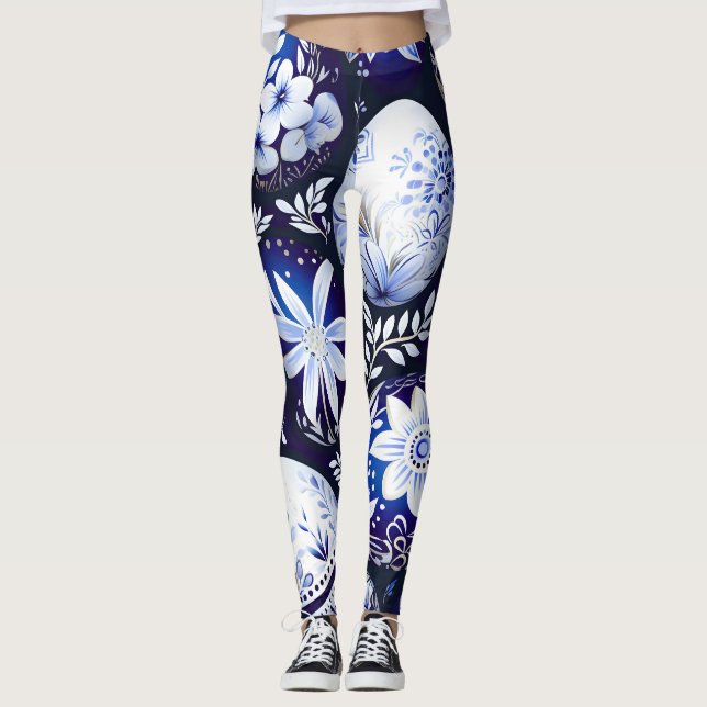 Leggings Scandinavian Blue Easter Egg Spring Floral (Devant)