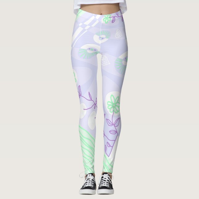 Leggings Schintz Bohème Illustration Pastel Purple Green (Devant)