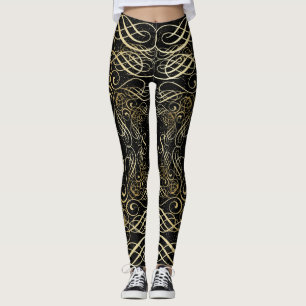 Leggings Scrollwork d'or Foil Script sur Black Elegant
