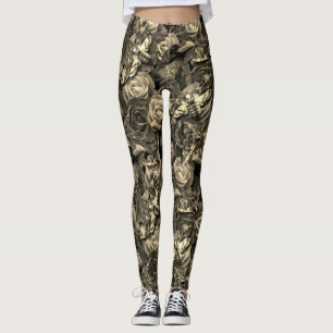 Leggings Sepia Death Head Hawk Moths Goth Raven avec Roses