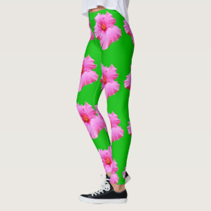 Leggings "Sérénité pétale : Hibiscus rose sur toile verte