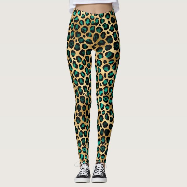 Leggings Série Teal et Or Design Léopard 14 (Devant)