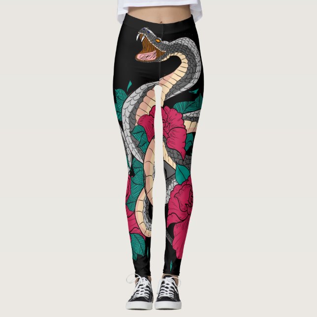 Leggings Serpent Et Rose Rouge (Devant)