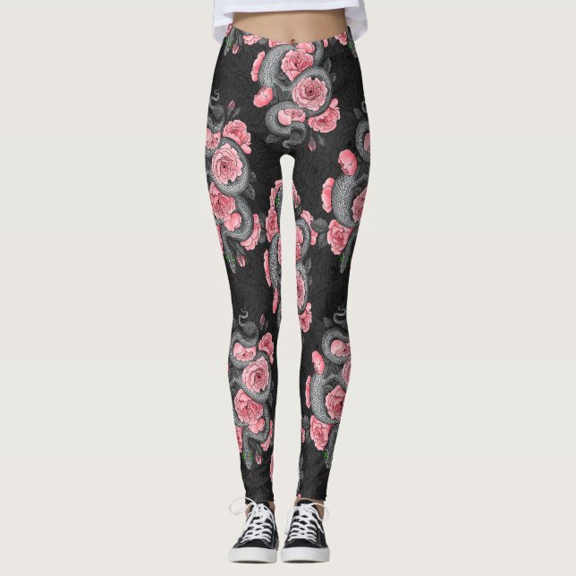 Leggings Serpents et roses de pêche (Devant)