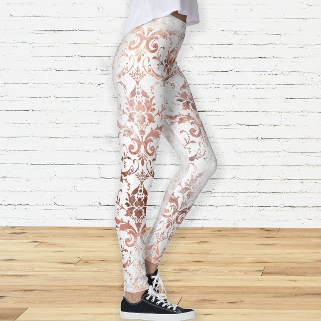 Leggings Shabby Chic Rose Or et blanc Distressed Damask (Créateur téléchargé)
