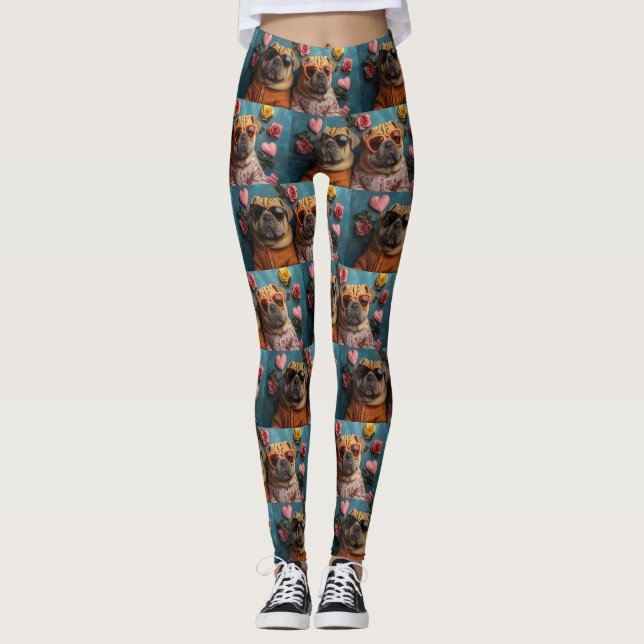 Leggings Shar Pei avec Roses de coeur Saint Valentin (Devant)