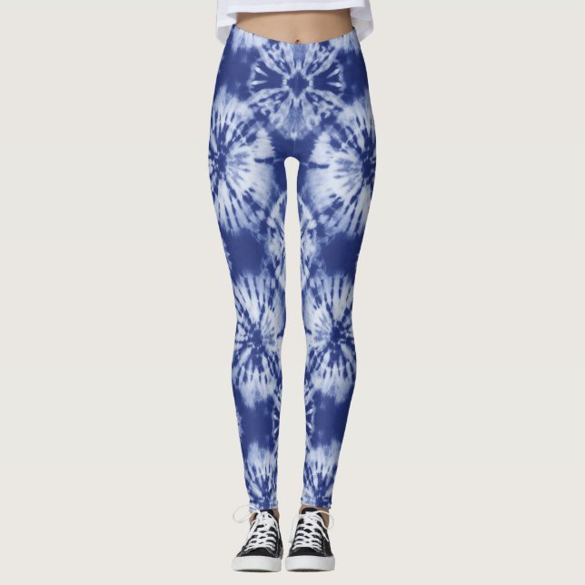Leggings Shibori Indigo Blue Tie Dye Abstrait Twist Motif (Devant)