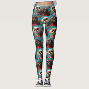 Leggings Shih Tzu avec Roses de cœur Saint-Valentin