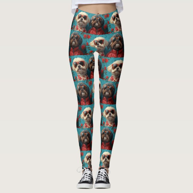 Leggings Shih Tzu avec Roses de coeur Saint Valentin (Devant)