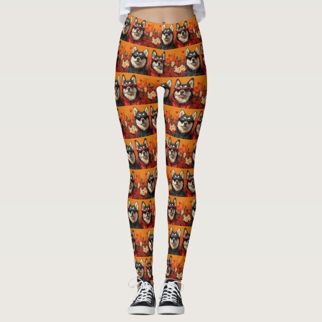 Leggings Sibérie Husky avec Roses de coeur Saint Valentin (Devant)