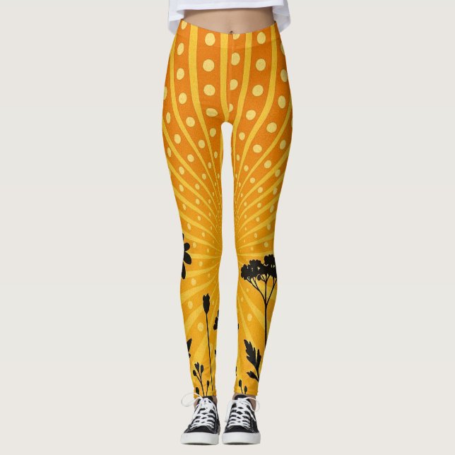 Leggings Silhouette de fleur à pois dorés radieux (Devant)