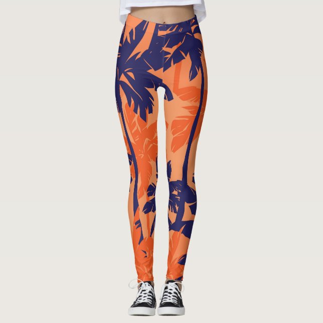 Leggings Silhouette de palmier bleu, arrière - plan orange (Devant)