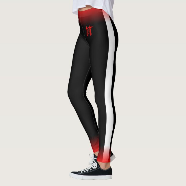 Leggings Simple Rayure Blanche sur Fond Noir avec Texte Rou (Gauche)