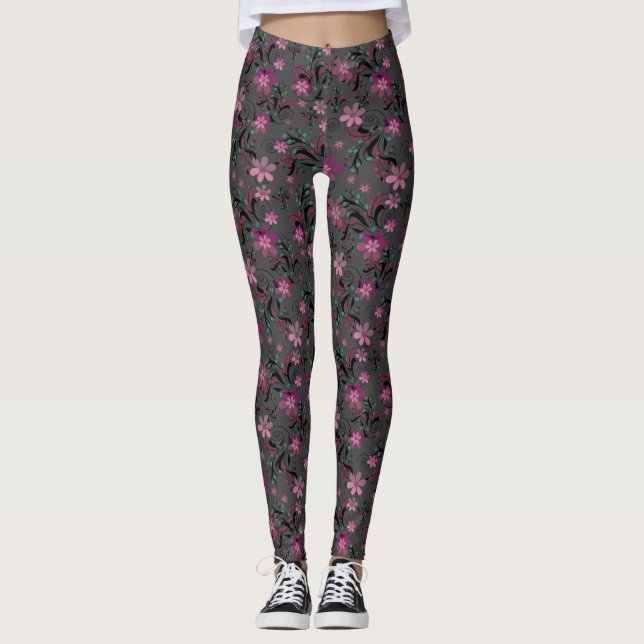 Leggings Simples abstrait rétro fleurs violet gris backgr (Devant)