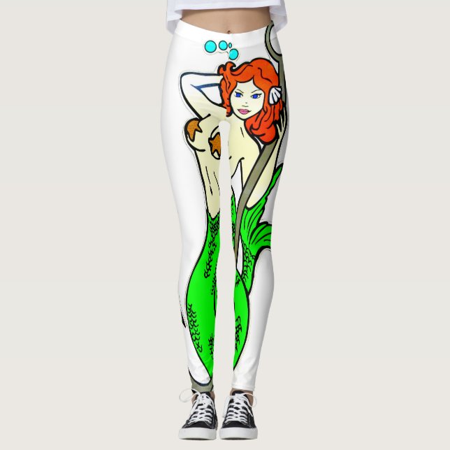 Leggings sirène rousse à queue verte (Devant)