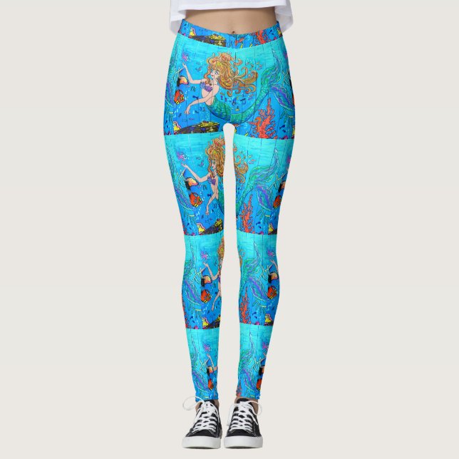 Leggings sirènes arc-en-ciel-haired bleues (Devant)