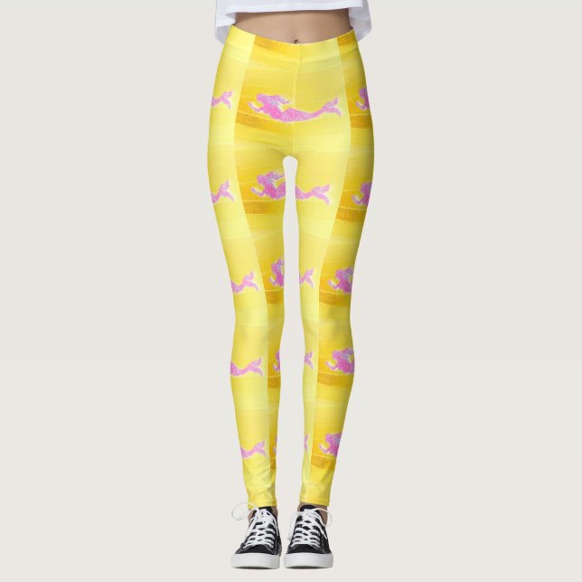 Leggings sirènes roses nageant jaune (Devant)