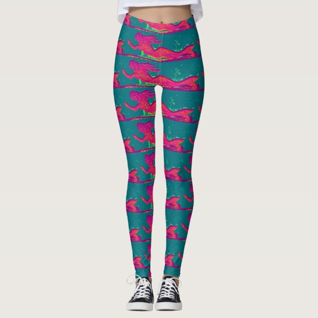 Leggings sirènes rouge motif vert (Devant)