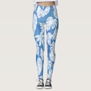 Leggings Sky Blue White Tropical Leaf Beach Océan Été