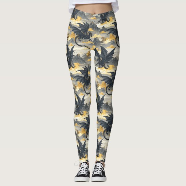 Leggings Skydwellers - Dragons noir et or (Devant)