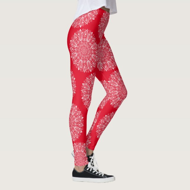 Leggings Snowflake Mandala Motif d'hiver rouge et blanc (Droite)
