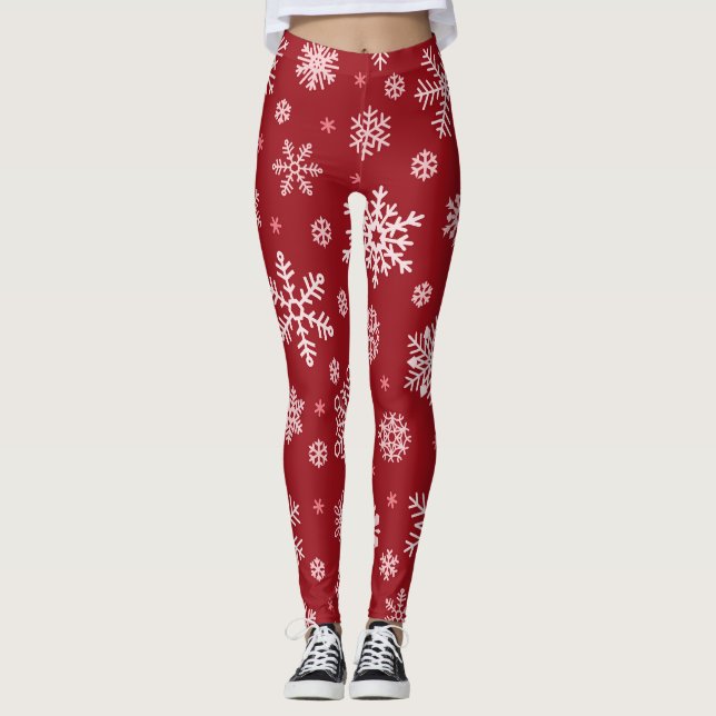 Leggings Snowflakes, décoration rouge, motif de Noël. (Devant)