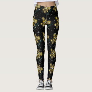 Leggings Snowflakes dorés avec Noël en vert sur NOIR