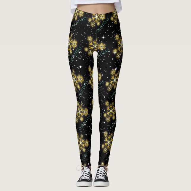 Leggings Snowflakes dorés avec Noël en vert sur NOIR (Devant)