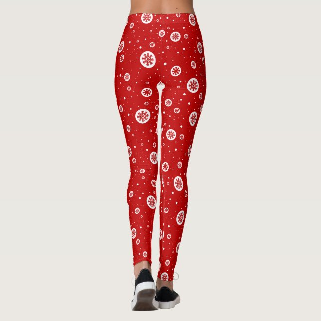 Leggings Snowflakes rouge et blanc de Noël et Motif de neig (Dos)