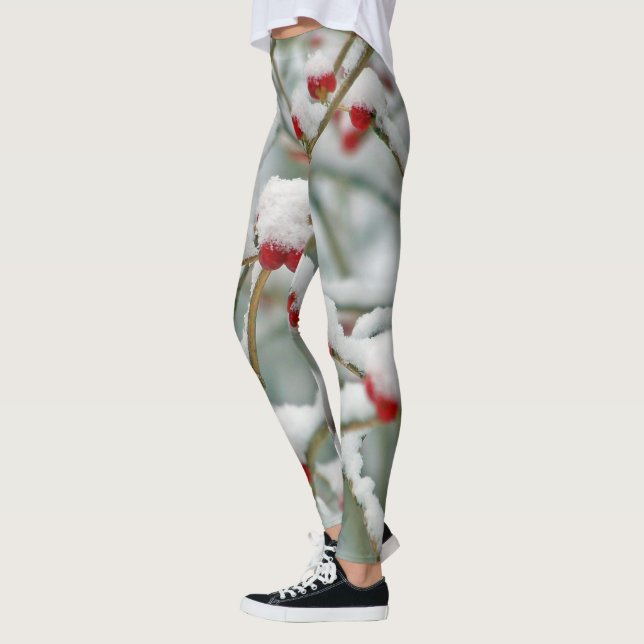 Leggings Snowy Red Berries scène d'hiver (Gauche)
