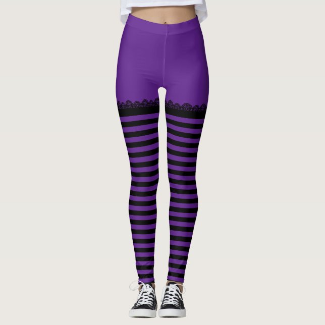 Leggings Sorcière d'Halloween amusante violet noir rayé (Devant)